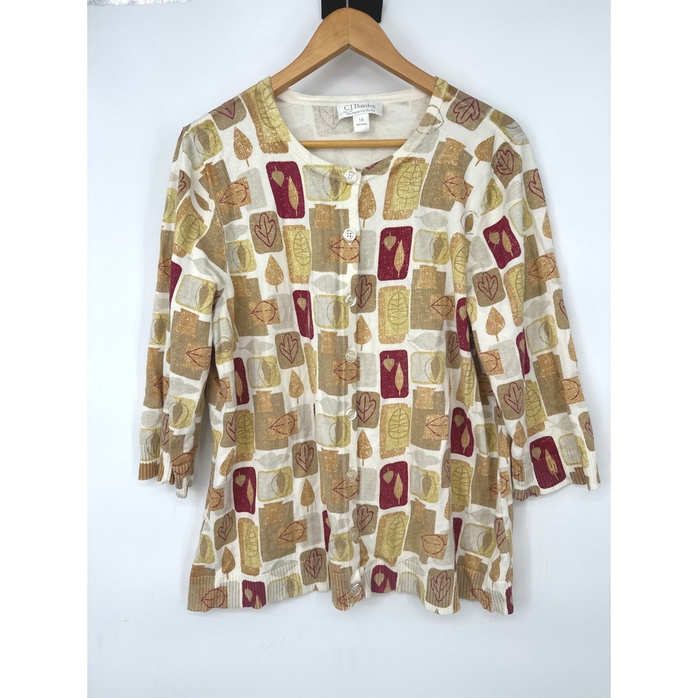 CJ Banks Cardigan Women 1X Leaf Earthy Cottage Casual Fall Thanksgiving Office